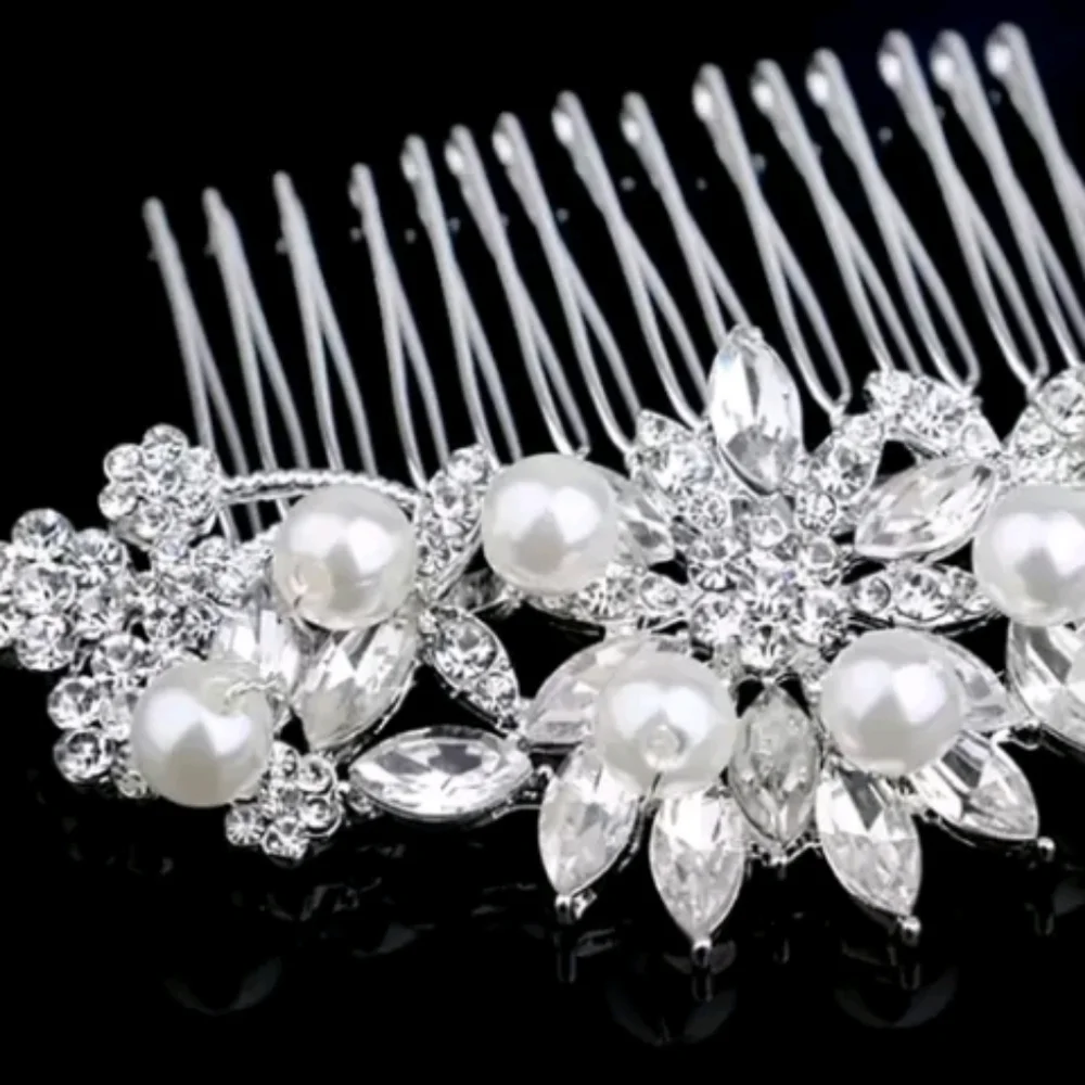 Wedding Hair Comb Silver and White Floral Rhinestone Faux Pearl Bridal Hair Comb